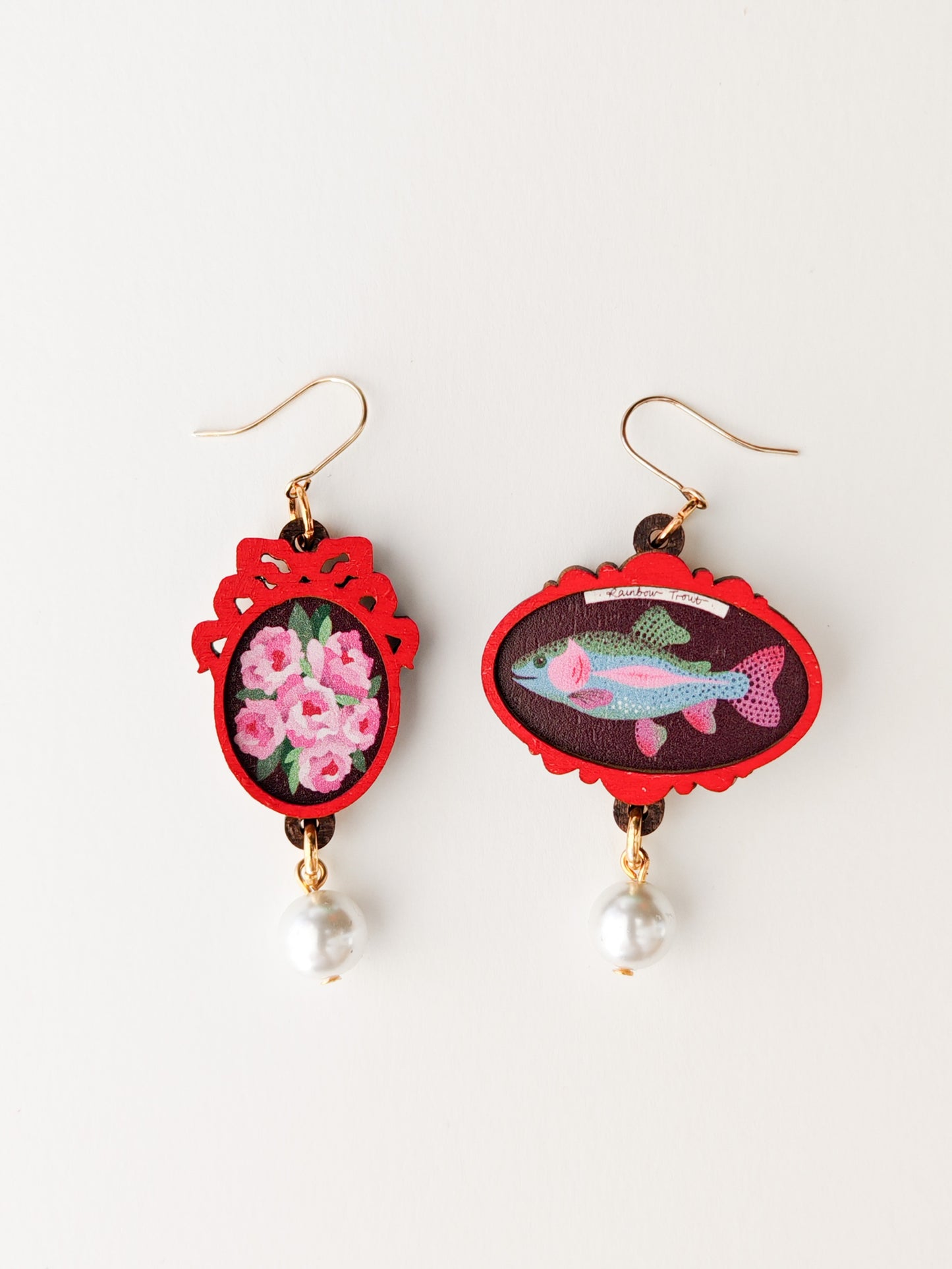 roses / rainbow trout frame earrings NO FAULTS