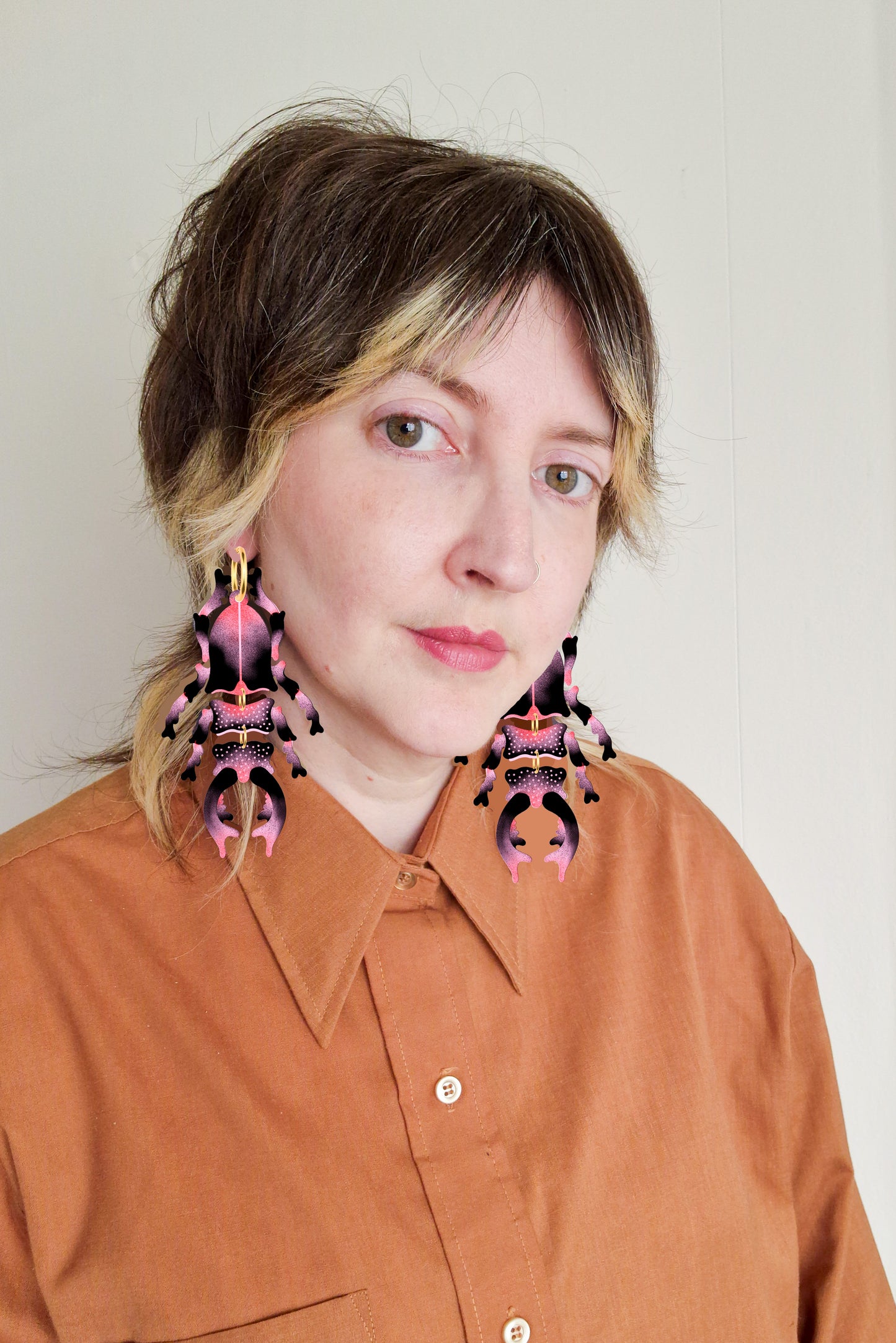 XL Stag Beetle Earrings Cherry Cola Colourway