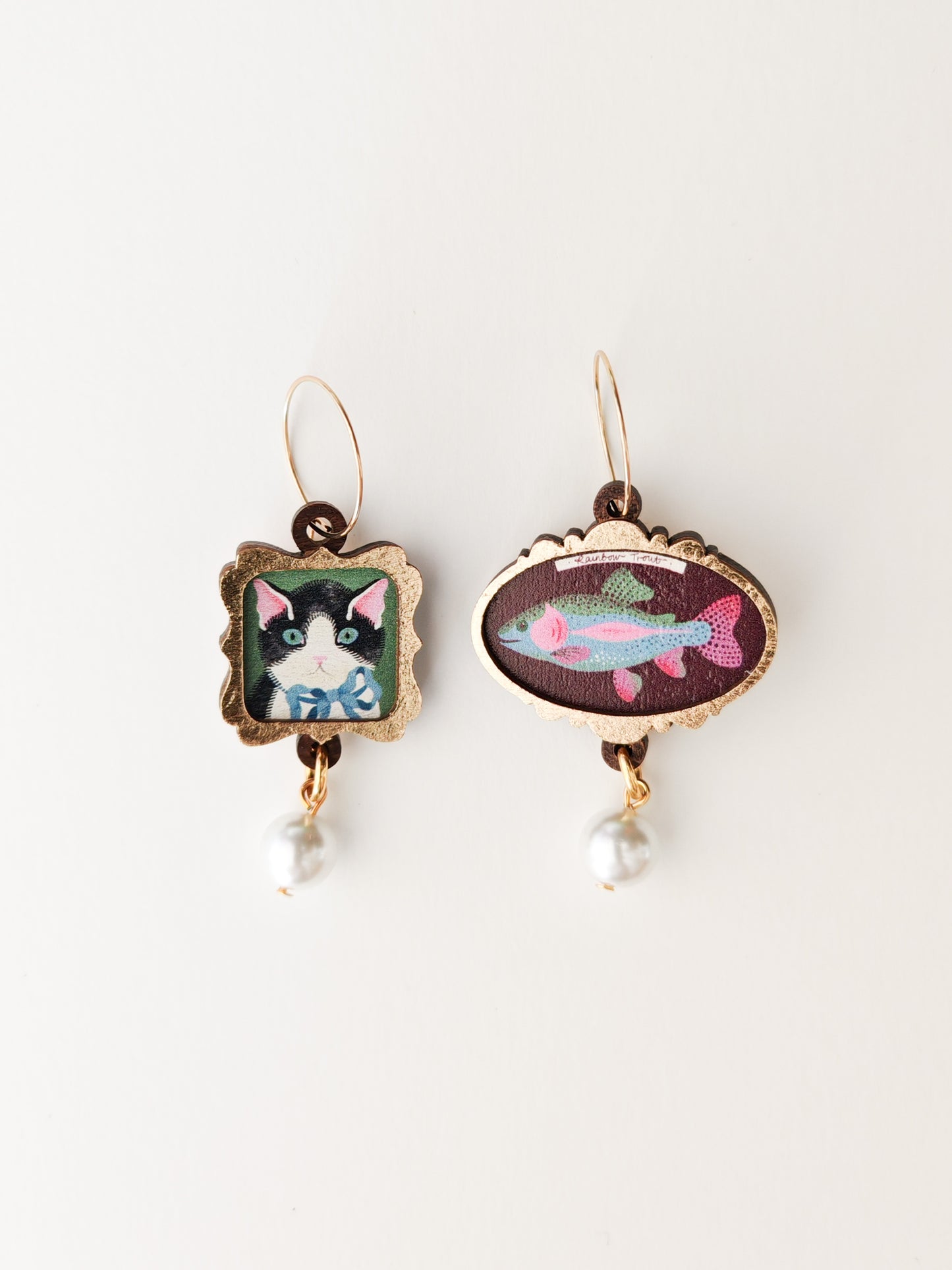 cat / rainbow trout frame earrings NO FAULTS