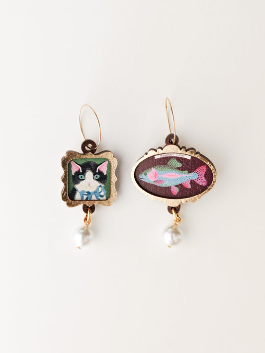 cat / rainbow trout frame earrings NO FAULTS