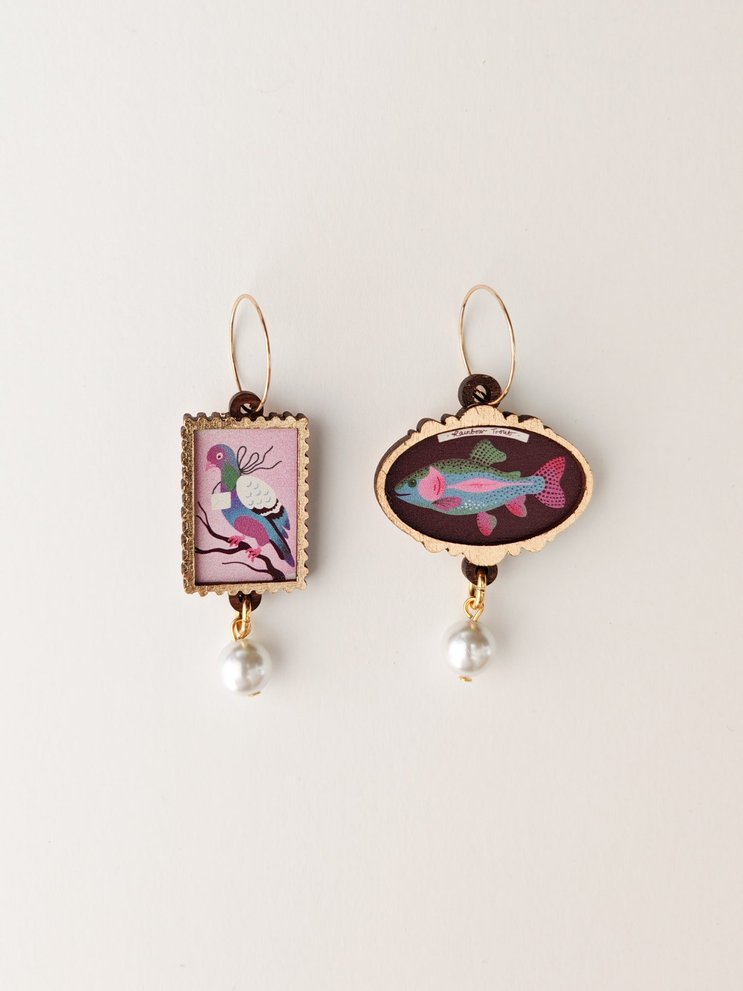 rainbow trout and pigeon earrings NO FAULTS