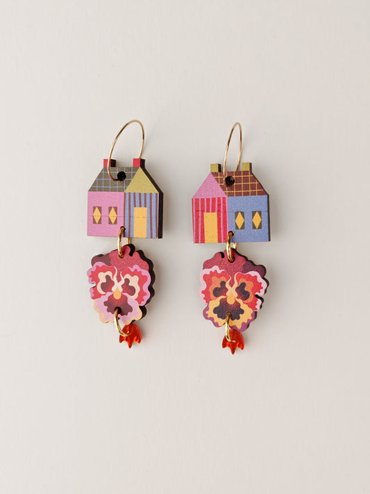 house and pansy earrings WOOD SCAR