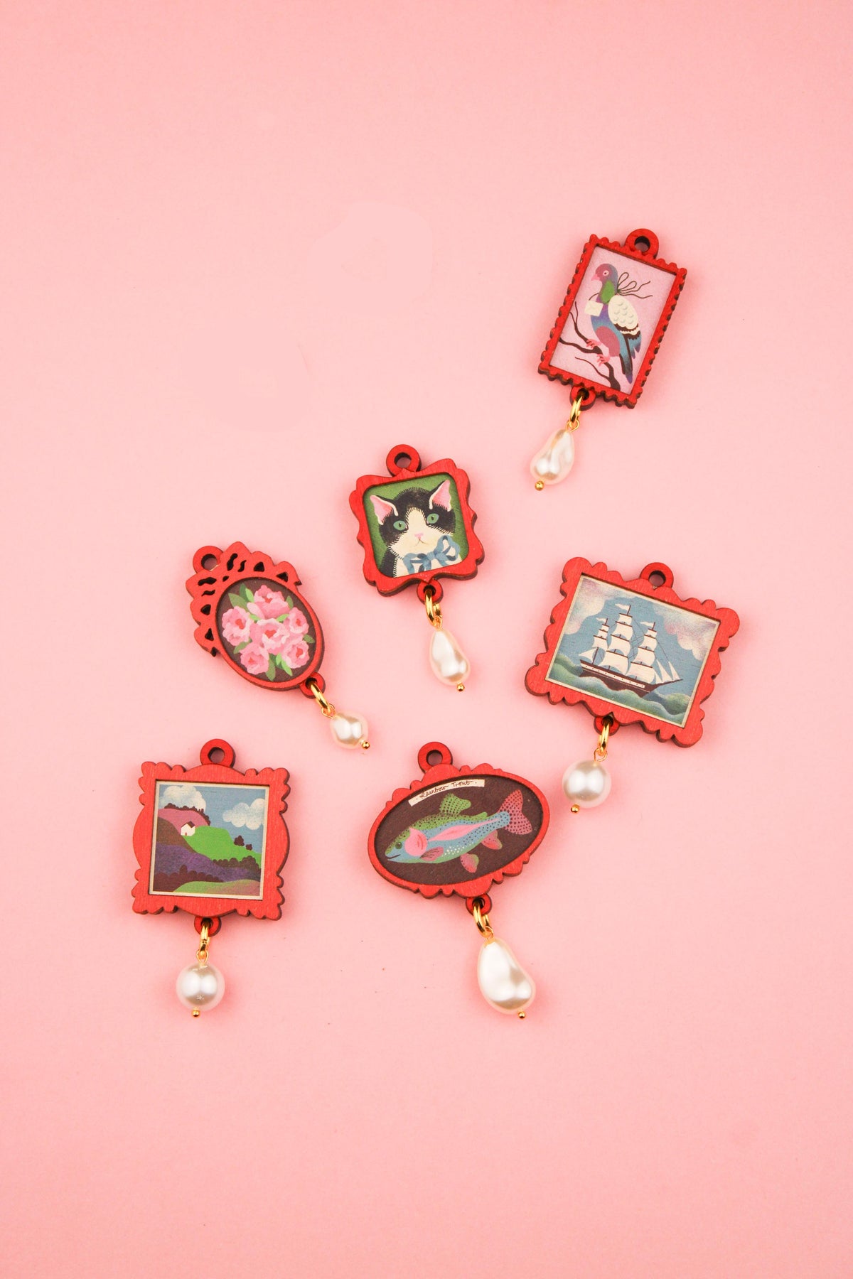 Single Red Framed Pigeon Earring PRE ORDER