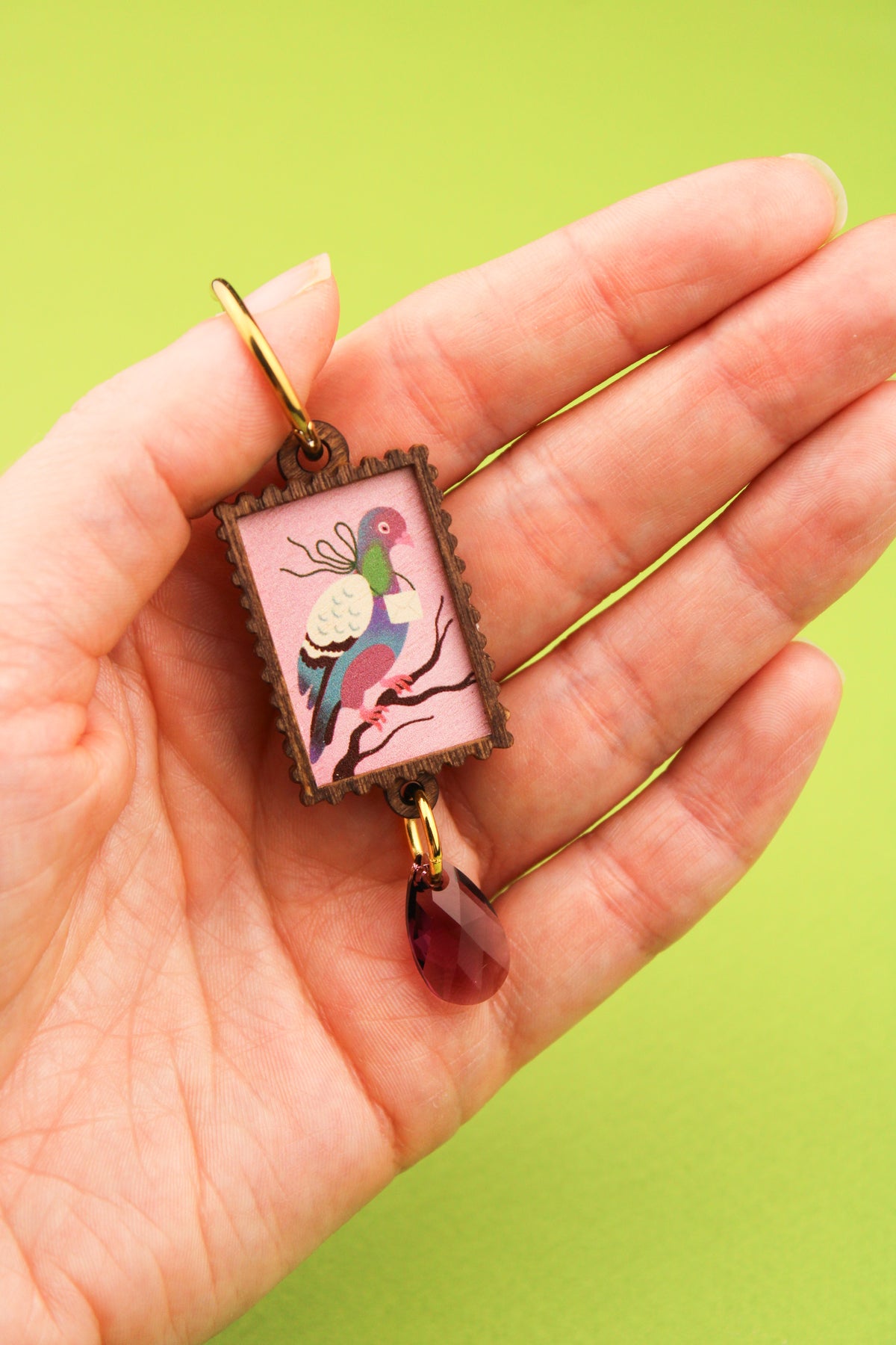 Single Wooden Framed Pigeon Earring PRE ORDER