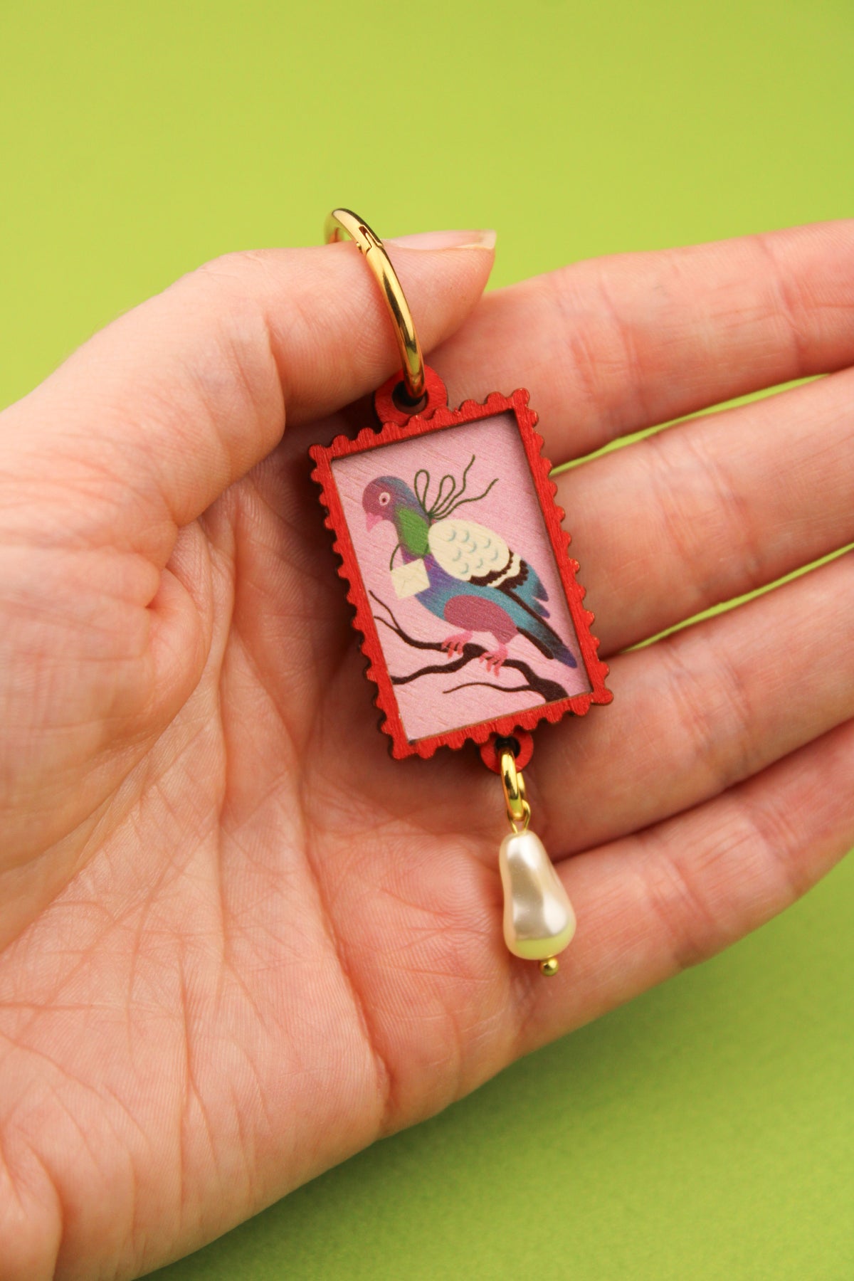 Single Red Framed Pigeon Earring PRE ORDER