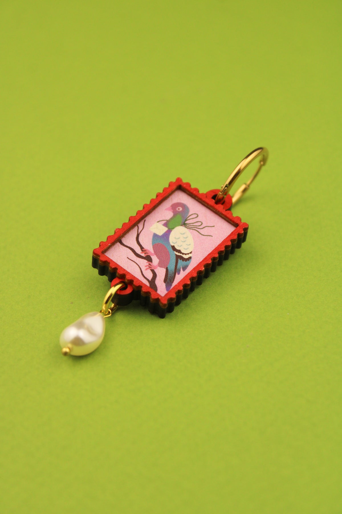 Single Red Framed Pigeon Earring PRE ORDER