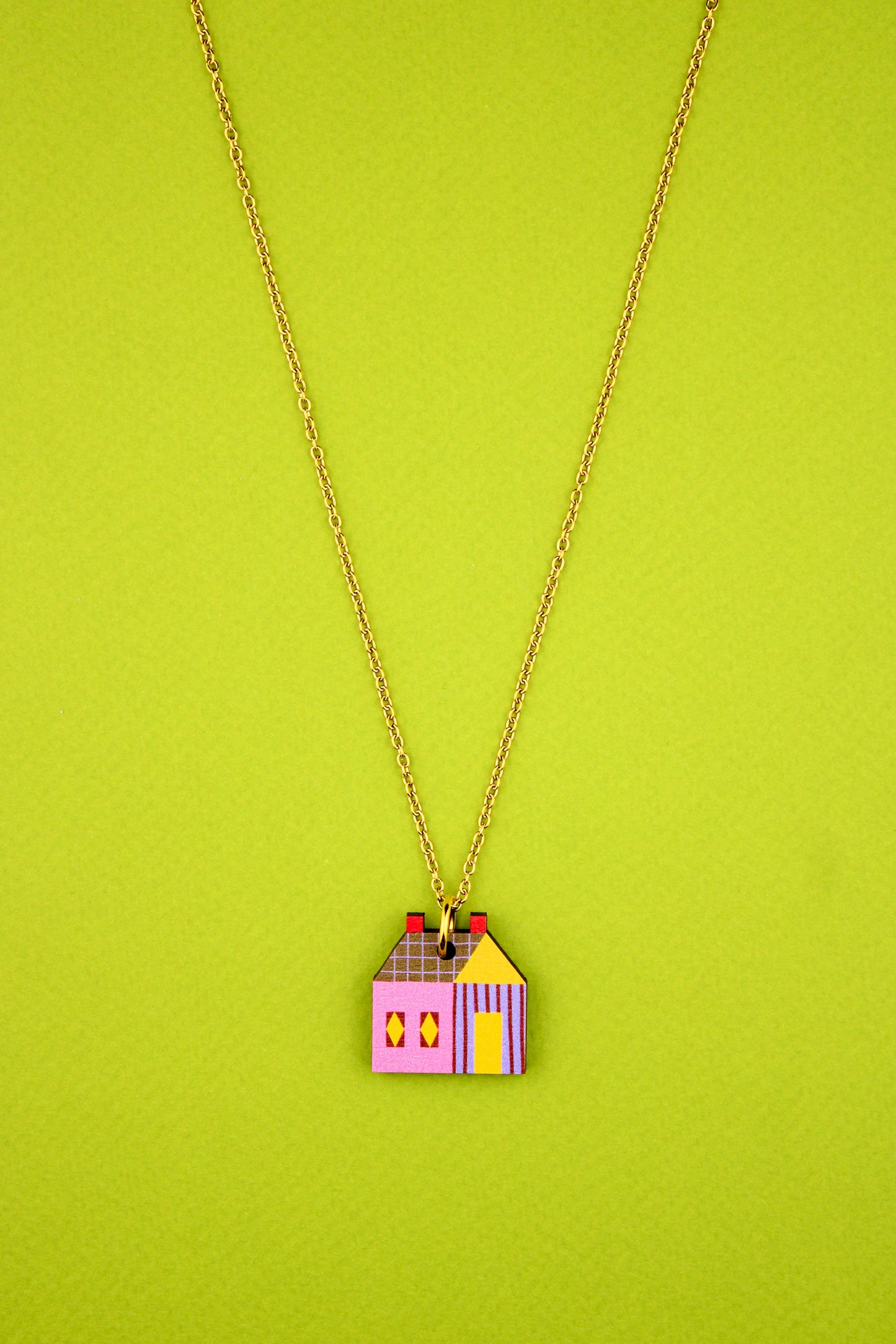 House Quilt Block Pendant Pink and Green