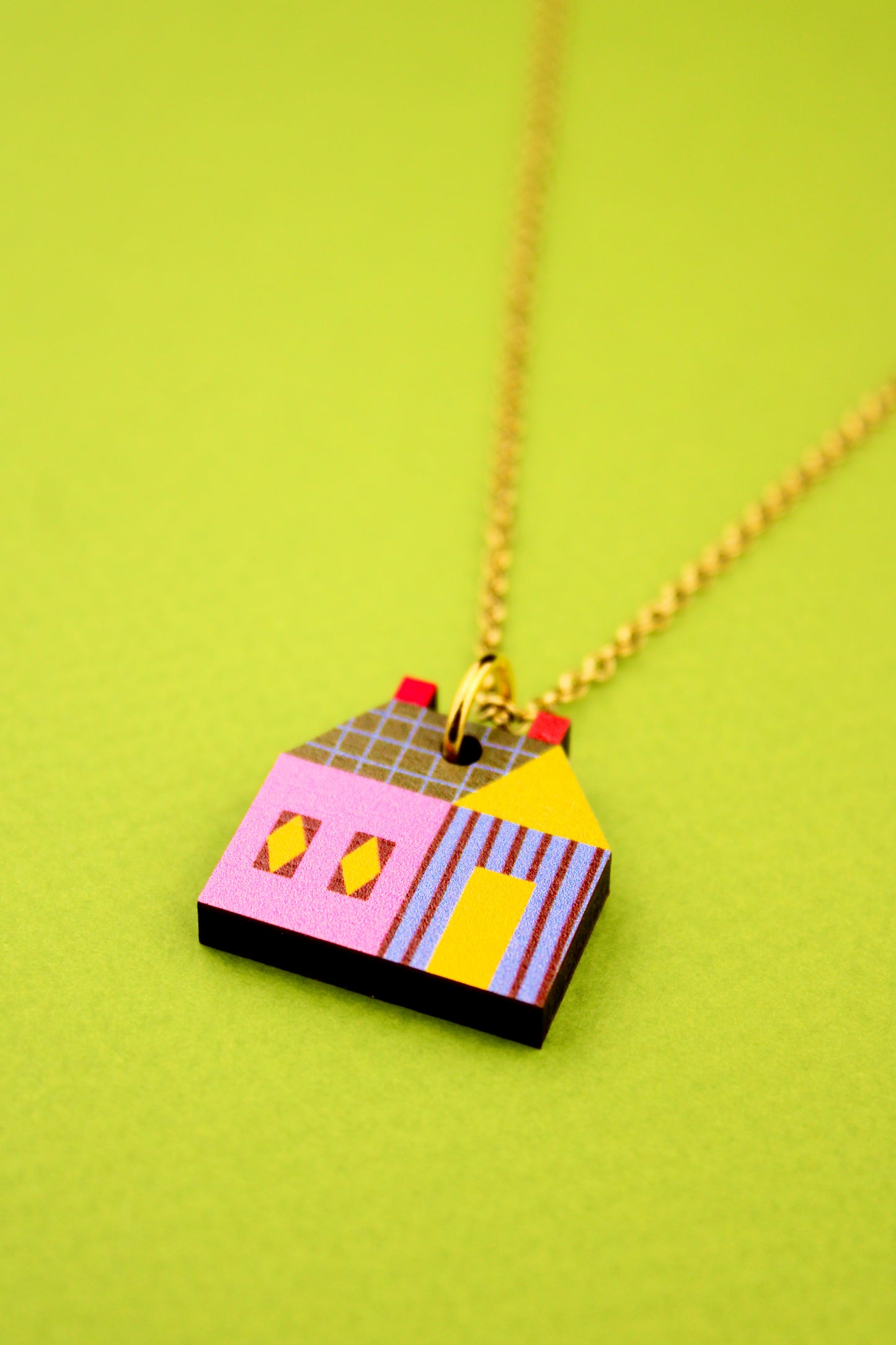 House Quilt Block Pendant Pink and Green