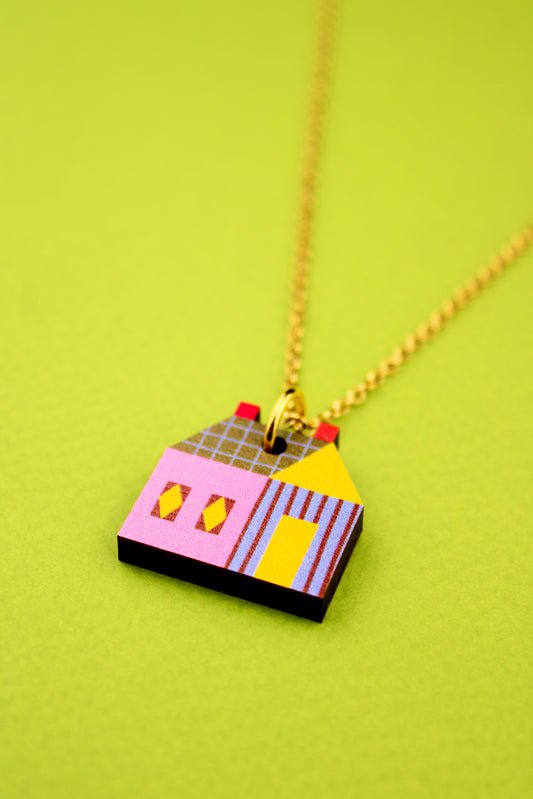 House Quilt Block Pendant Pink and Green