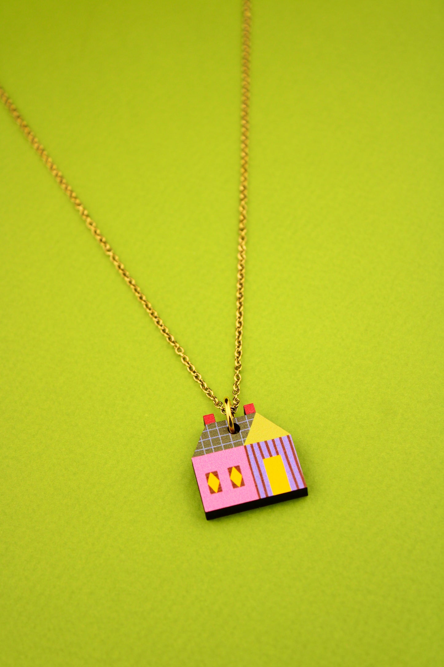 House Quilt Block Pendant Pink and Green