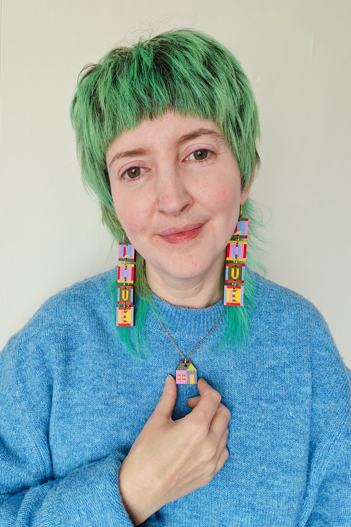 House Quilt Block Pendant Pink and Green